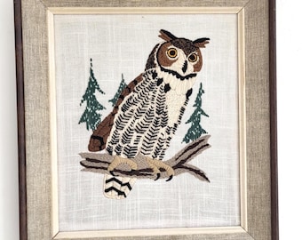 70's Woodland Owl on Branch, Framed Vintage Crewel Embroidery