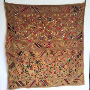 Vintage Banjara Mirror Work Wall Hanging: Bohemian Embroidered Tapestry