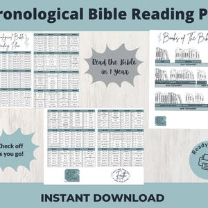 Puede incluir: Un "Plan de lectura cronológica de la Biblia" imprimible con varias páginas. Las páginas incluyen un programa de lectura, una lista de los libros de la Biblia y el texto "Lee la Biblia en 1 año". Las palabras "Descarga instantánea" también son visibles.