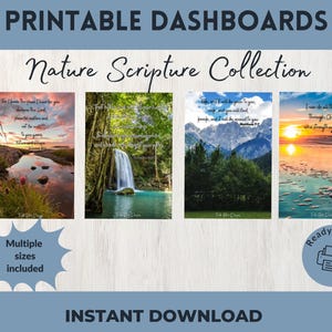 Op de afbeelding: Printbare dashboards uit de "Nature Scripture Collection". De afbeelding toont vier prints met natuurthema's met inspirerende citaten. De prints tonen een zonsondergang, een waterval, bergen en de oceaan. De tekst "Meerdere maten inbegrepen" en "Direct downloaden" zijn ook zichtbaar.
