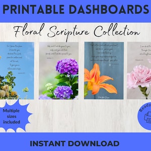 Può includere: Dashboard stampabili con disegni floreali e versetti biblici. La collezione comprende quattro diversi design con fiori e citazioni ispiratrici. È visibile anche il testo "Multiple sizes included" e "Instant Download".