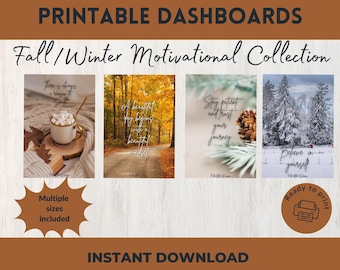 Könnte beinhalten: Ein digitaler Download mit druckbaren Dashboards zum Thema Herbst/Winter-Motivation. Die Sammlung umfasst vier Bilder mit inspirierenden Zitaten und saisonalen Bildern, wie eine Tasse heiße Schokolade und einen verschneiten Wald. Der Text "Mehrere Größen enthalten" ist ebenfalls sichtbar.