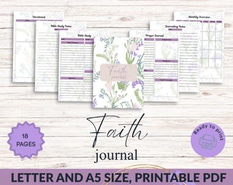 May include: Printable Faith Journal with 18 pages, featuring a floral design with purple and green accents. The journal includes sections for devotional, bible study, prayer, journaling, and monthly overview. The text "Faith Journal" is written on the cover.