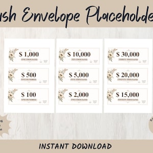 May include: A set of printable cash envelope placeholders featuring floral accents and numerical values ranging from $100 to $30,000. Each rectangular label displays the dollar amount in large font with the written word below and a small logo.