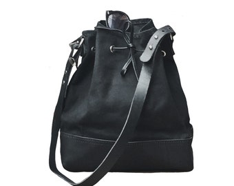 Black canvas and leather bucket bag