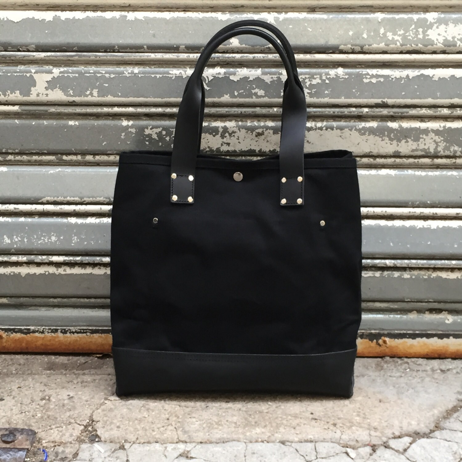 Black Tote Bag With Black Leather Etsy Israel