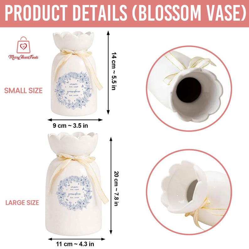 Puede incluir: Jarr&oacute;n blanco con forma de flor con borde festoneado, atado con una cinta beige. El jarr&oacute;n tiene un dise&ntilde;o floral y el texto "mom & grandma". El jarr&oacute;n peque&ntilde;o mide 14 cm de alto y 9 cm de ancho. El jarr&oacute;n grande mide 20 cm de alto y 11 cm de ancho.