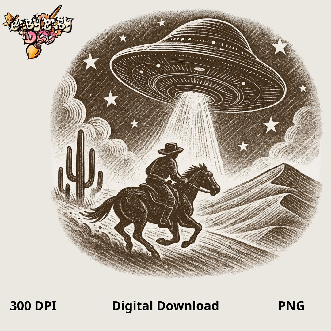 Cowboy Alien Abduction Digital Download, UFO Western Retro Clipart, Sci ...