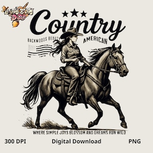 Country Cowgirl on Horse PNG, Vintage Western Cowgirl Rider Clipart, Rodeo Equestrian Sublimation Graphic, Rustic American Horsewoman Design