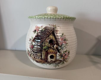 Vintage Cottagecore Birdhouse Ceramic Canister with Lid