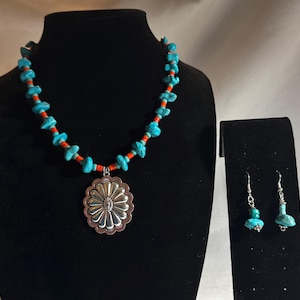 Navajo Turquoise Necklace and Earring Jewelry Set, Handmade, Concho Pendant