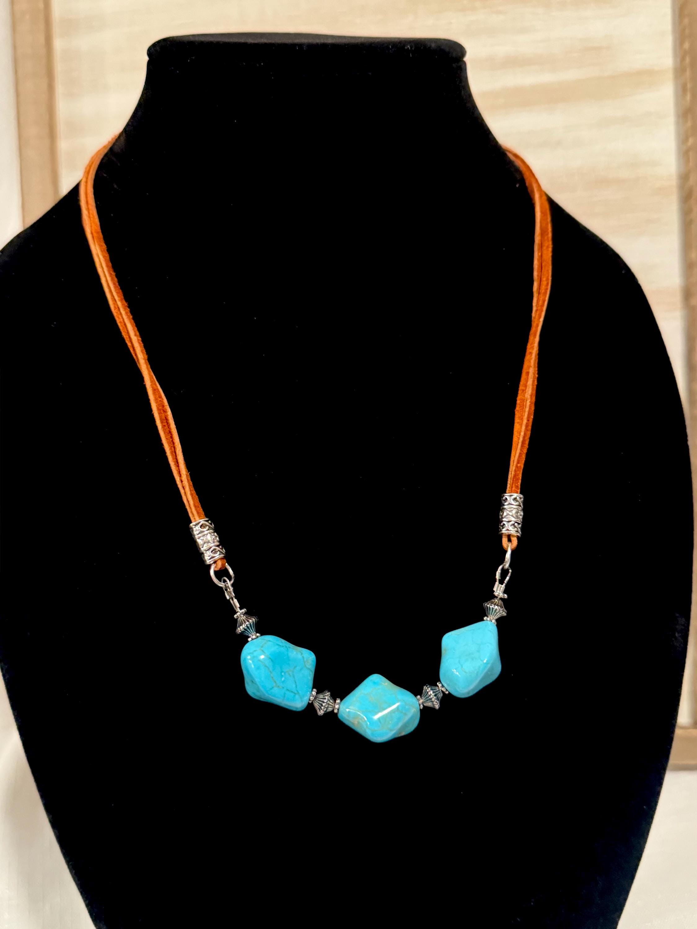 Adjustable Turquoise-style Leather Necklace, Handmade by Navajo 