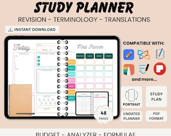 May include: A digital study planner with a colorful design. The planner includes sections for daily schedules, to-do lists, meal planning, and more. It is compatible with popular digital planning apps and comes in PDF format. The planner has 48 pages.