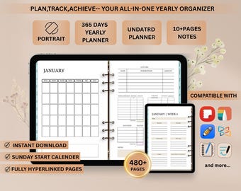 Planner digitale per iPad con Goodnotes All in One, planner giornaliero e settimanale, organizzatore senza data per la produttività, gli obiettivi e la gestione della vita 2025