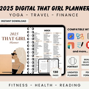 2025 That Girl Digital Planner for iPad Undated Aesthetic Journal for Wellness Self Care Fitness Finance Beauty Routine Daily Life Planning
