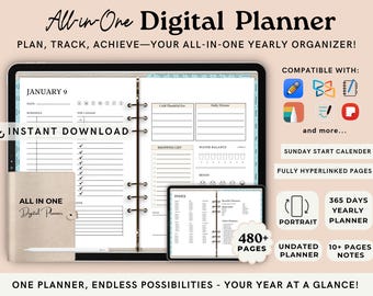 Agenda numérique 2025 pour iPad avec liens hypertexte Goodnotes tout-en-un quotidien hebdomadaire mensuel pour objectifs de bien-être et de productivité