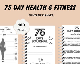 May include: A printable planner for a 75-day health and fitness journey. The planner has 100 pages and includes a journal with tips for success. The cover features a gray and white design with stars and a swirl.