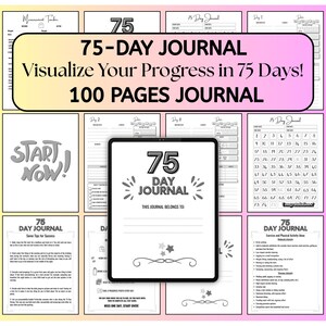 Puede incluir: Un diario de 75 días con una cubierta negra, con el texto "75-DAY JOURNAL" y "Visualize Your Progress in 75 Days!". El diario incluye 100 páginas para el seguimiento diario y la definición de objetivos.