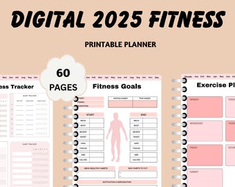 May include: A digital printable fitness planner with 60 pages. The planner includes sections for fitness goals, exercise plans, sleep tracking, and habit tracking. The planner is designed with a pink and white colour scheme.