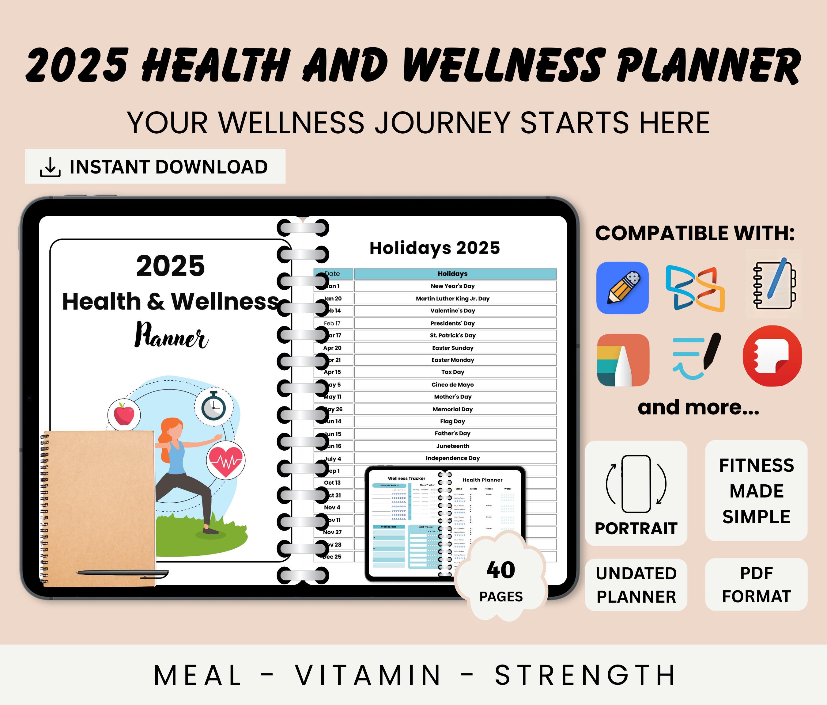 2025 Health Wellness Digital Planner Undated iPad Journal with Goodnotes Fitness Tracking Mood and Sleep Logs Meal Plans Self Care Routines