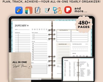 Peut inclure: Une application de planificateur numérique sur l'écran d'une tablette avec le texte "All-in-One Digital Planner" et "JANUARY 9". Le planificateur comprend des sections pour l'horaire, les principaux objectifs, la liste des tâches à faire, je suis reconnaissant pour, la liste de courses, l'équilibre hydrique, l'humeur et l'index. L'application a une couverture beige avec le texte "All in One Digital Planner". L'application est annoncée comme ayant plus de 480 pages.