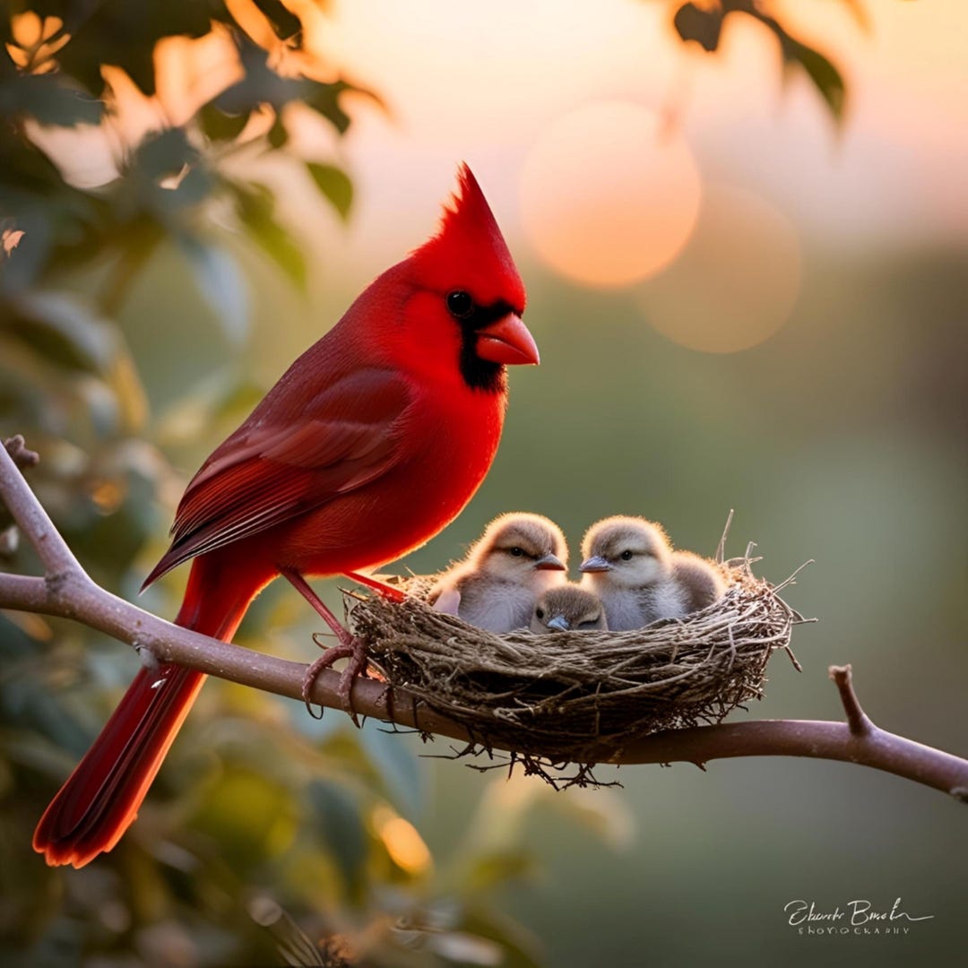 Cardinal With Chicks – Sunset Nest Scene – Digital Bird Art Print - Etsy