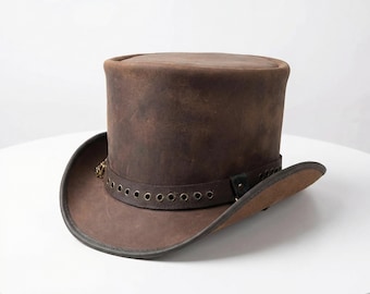 Handmade Leather Ring Style Band Top Hat Handcrafted Leather Hat Steampunk Top Hat Gothic Top Hat western hat personalized hat, Gift For Him