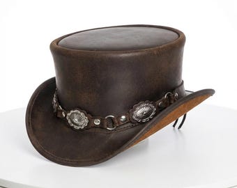 Brown Leather Top Hat Conchos Style Band Handcrafted Top Hat Steampunk Top Hat Gothic Hat Victorian Hat western cowboy hats, Gift For Him
