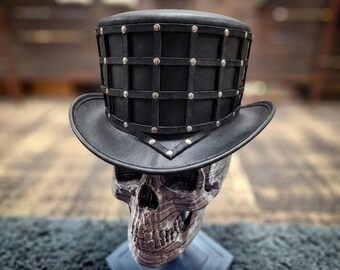 Black Leather Cage Style Top Hat Ghost Rider Style Top Hat Handcrafted Top Hat Steampunk Top Hat Gothic Hat gift for him gift for her
