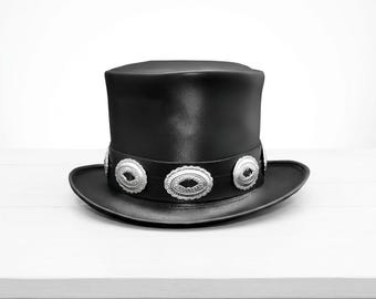 Rocker Black Leather Top Hat Conchos Style Band Gothic Hat Steampunk Top Hat victorian hat Handcrafted Leather Hat Gift For Him Gift For Men