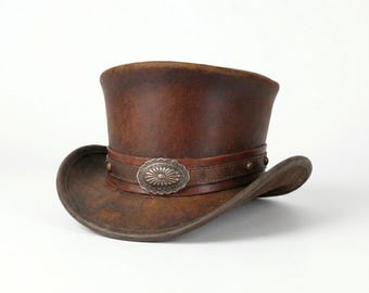 Handmade Leather Top Hat Conchos Style Band Gothic Hat Steampunk Top Hat Handcrafted Leather Hat cowboy hats personalized hats Gift For Men