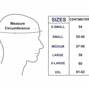 May include: Diagram illustrating how to measure head circumference for hat sizing. The image includes a side profile of a head with a dotted line indicating the measurement area. A chart lists sizes from X-Small to XXL, with corresponding centimeter measurements.