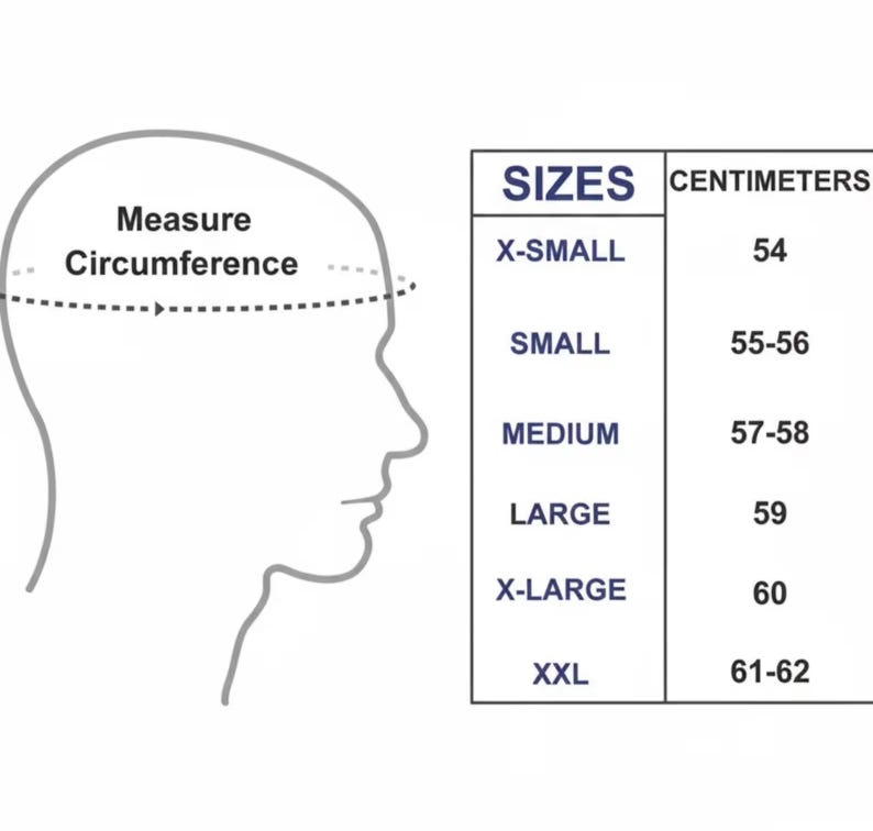 May include: Diagram illustrating how to measure head circumference for hat sizing. The image includes a side profile of a head with a dotted line indicating the measurement area. A chart lists sizes from X-Small to XXL, with corresponding centimeter measurements.