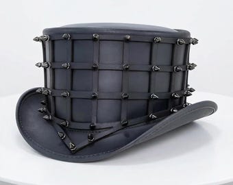 Black Leather Spikes Cage Style Top Hat Handcrafted Top Hat Gothic Top Hat Steampunk Top Hat Gothic Hat Gift For Him, Gift for men