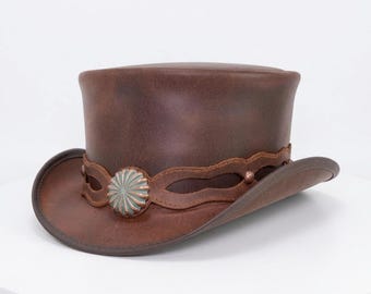Brown Leather Top Hat Handcrafted Top Hat Conchos Style Band Victorian Hat western cowboy hat Handcrafted Leather hats Gift For Him