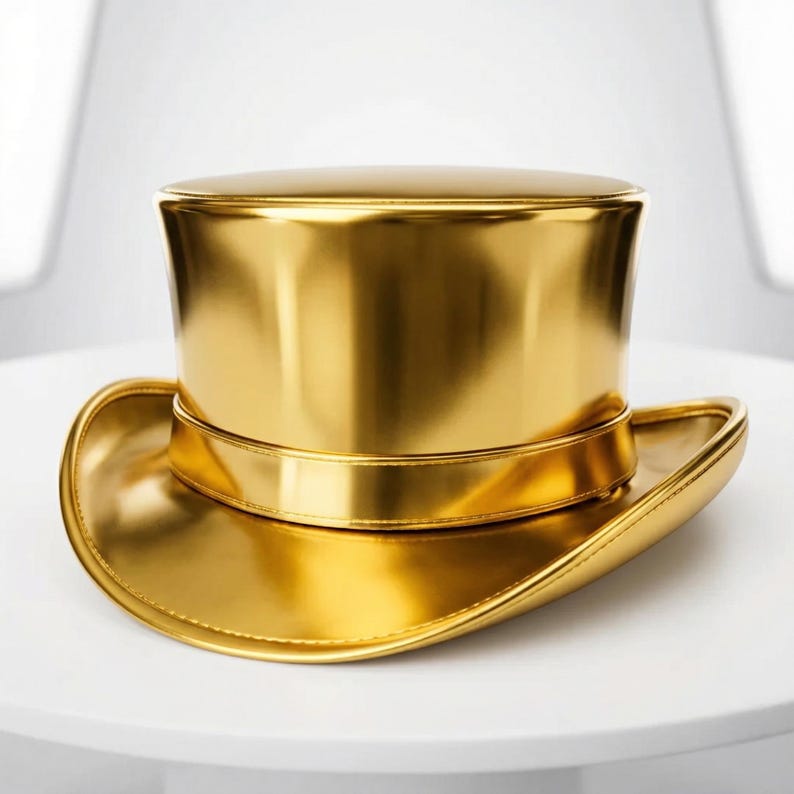 May include: A shiny gold top hat with a wide brim and a cylindrical crown. The hat is made of a reflective material, giving it a polished appearance. The hat is sitting on a white surface.