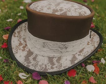 Elegant Brown Top Hat with White Lace Overlay and Band cowgirl hat womens cowboy hats steampunk top Hat victorian top hat Gift For Her