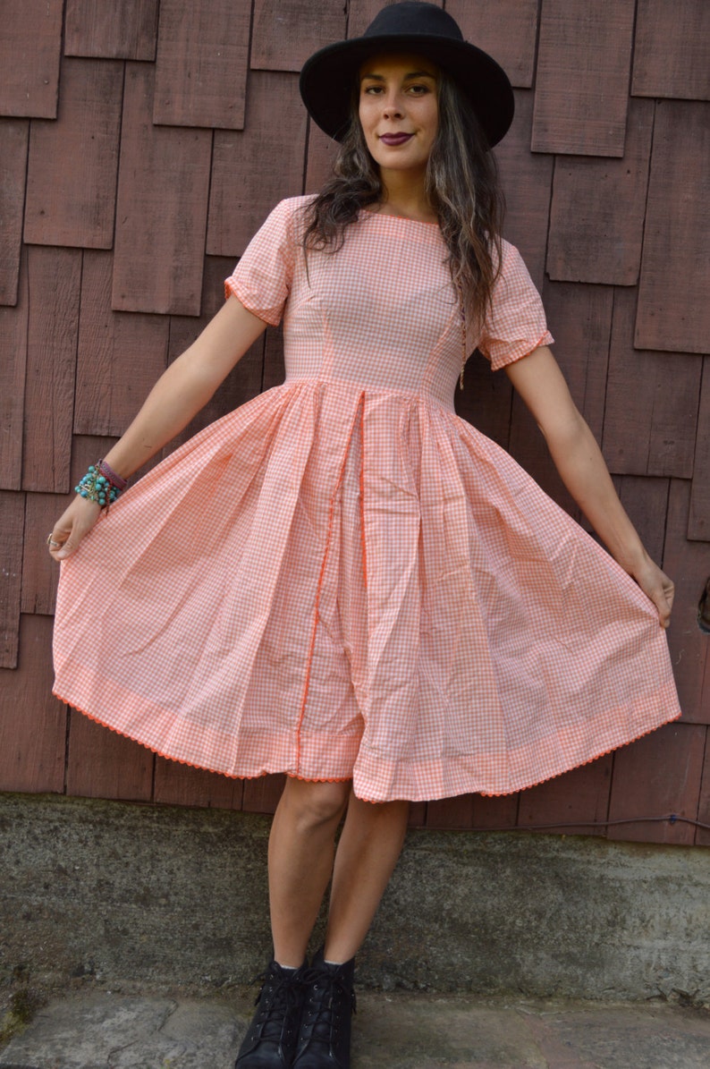 Vintage GINGHAM BABYDOLL DRESS Orange and White With Full Etsy