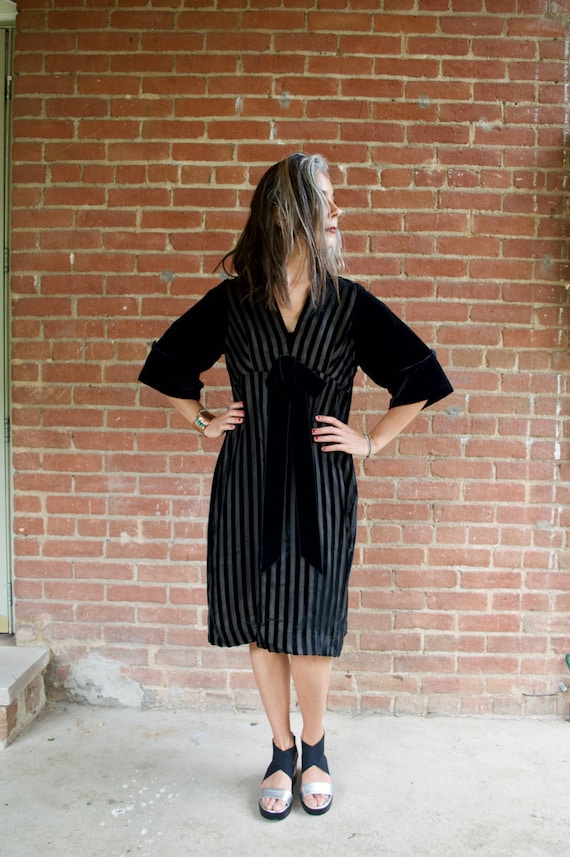 Vintage 50s Black Velvet Stripe Dress with Oversiz