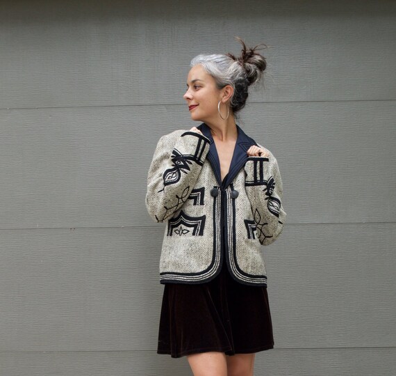 Vintage Ethnic Embroidered Gray Wool Jacket Handma