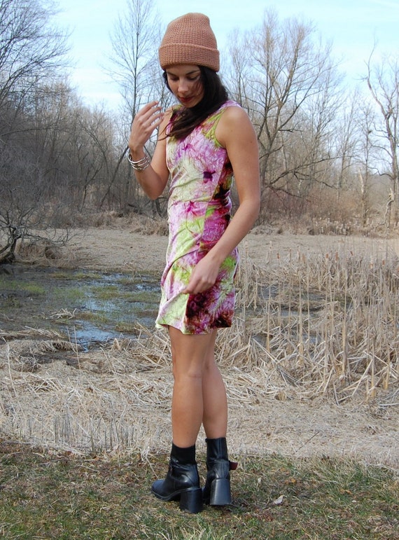 Vintage VELVET Tie Dye MINI DRESS Pastel Rainbow