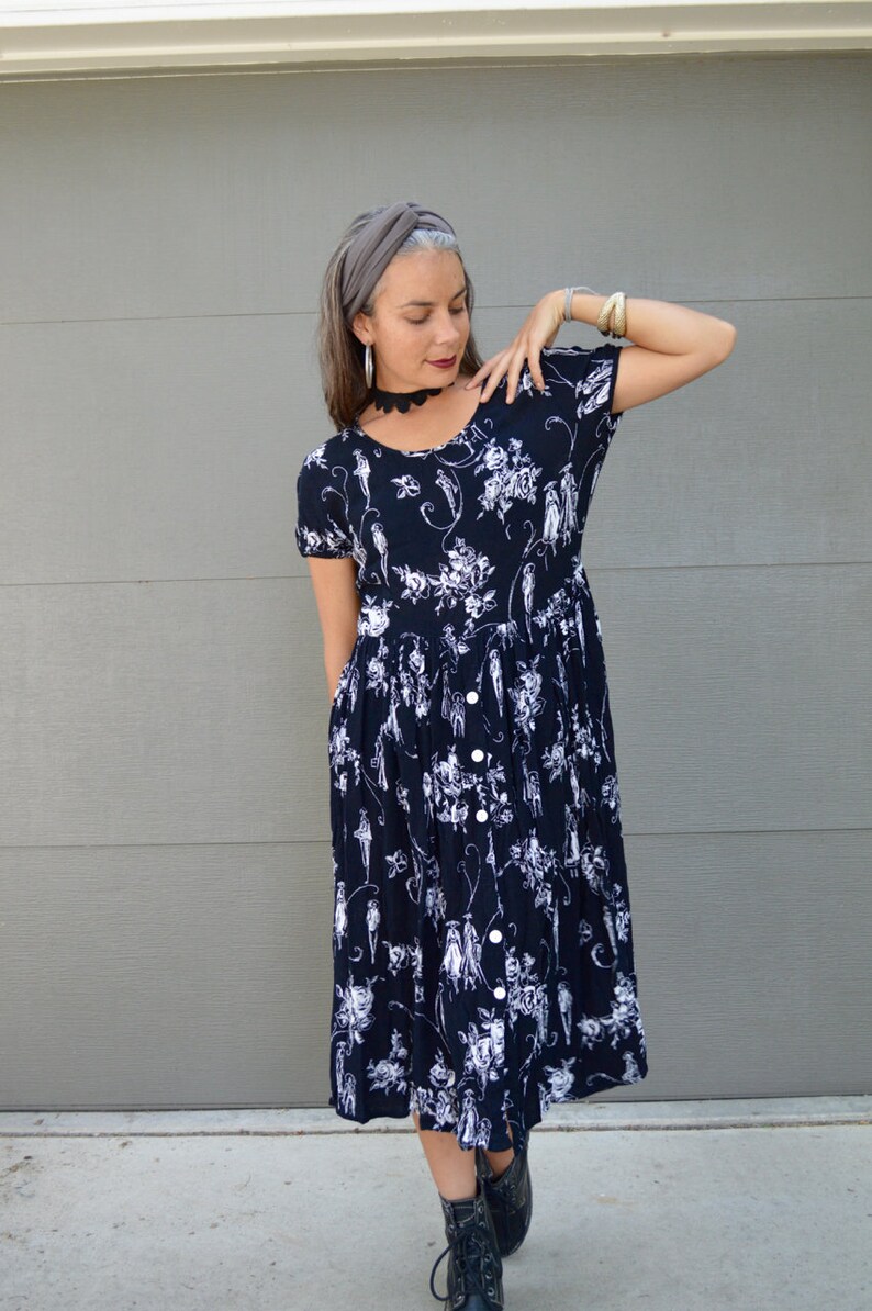 Vintage 90s Black and White Grunge Babydoll Dress Novelty Flower Print