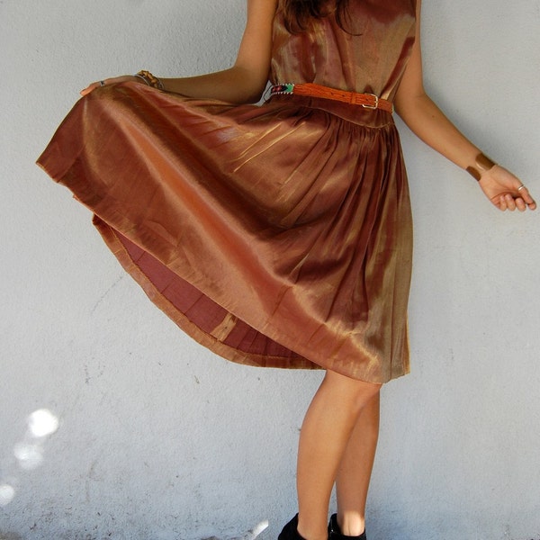 Vintage Copper Gold Metallic Cocktail Party Dress By Francine Browner Medium