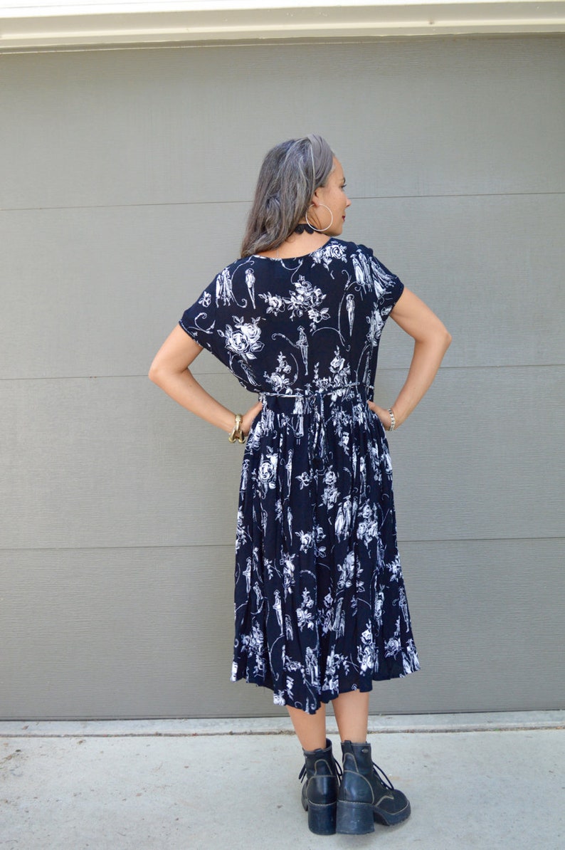 Vintage 90s Black and White Grunge Babydoll Dress Novelty Flower Print