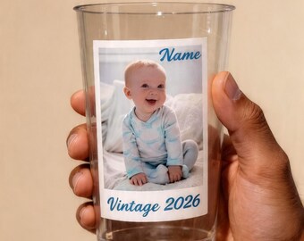 Vasos personalizados de plástico vintage con foto, mensaje y dibujos, 473 ml (16 oz). Ideales para fiestas de cumpleaños con foto y rostro.