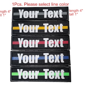 May include: Rectangular black patches, 4 inches long and 1 inch tall, with the text "Your Text" in white. Each patch features a colored stripe: gray, yellow, red, blue, and green. The text "1Pcs. Please select line color" is also visible.