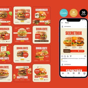 May include: A collection of square social media posts featuring various hamburger designs with text like "Hamburger," "Doublebite," and promotional offers. A smartphone displays a "Secretbox" post with burger images.