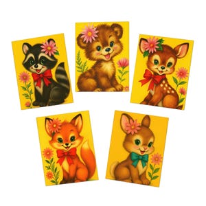 Retro Animal Greeting Cards Set Vintage Design Deer, Raccoon, Bunny, Fox, Bear Kawaii Reindeer, Kitschy Cute Birthday, Thank You, Friendship