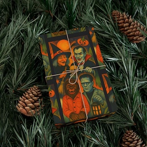 Vintage Halloween Gift Wrap Telco Motionettes of Halloween Witch Dracula Frankenstein Werewolf Wolf Man Holiday Gift Wrap Wrapping Paper