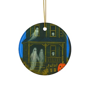 Haunted House with Ghosts Black Cat Pumpkin Skull on Canvas Vintage Halloween Die-Cut Inspired Beistle Eureka Retro Spooky Season Artwork